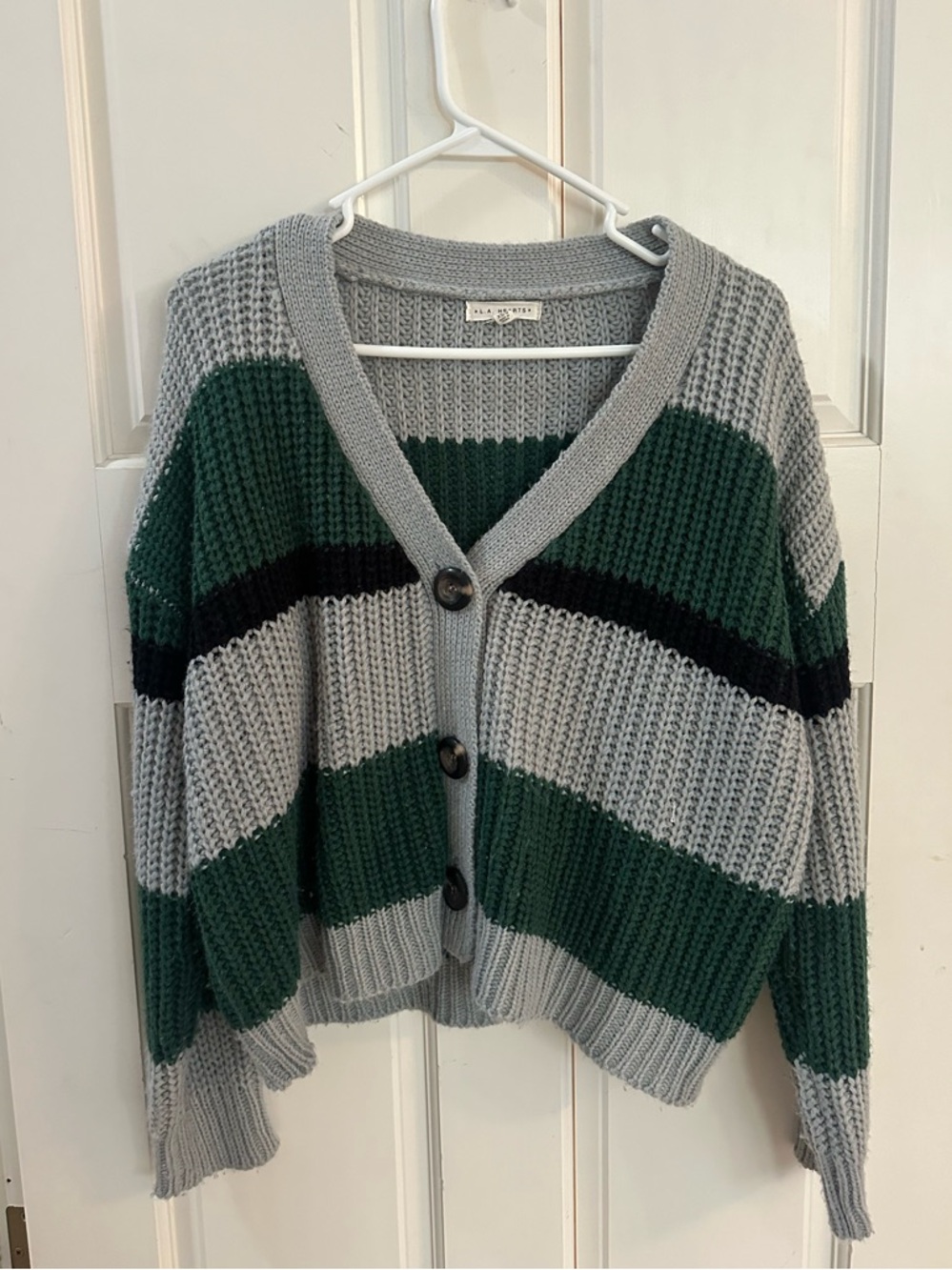 La Hearts Gray, Green & Black Striped V-Neck Cardigan